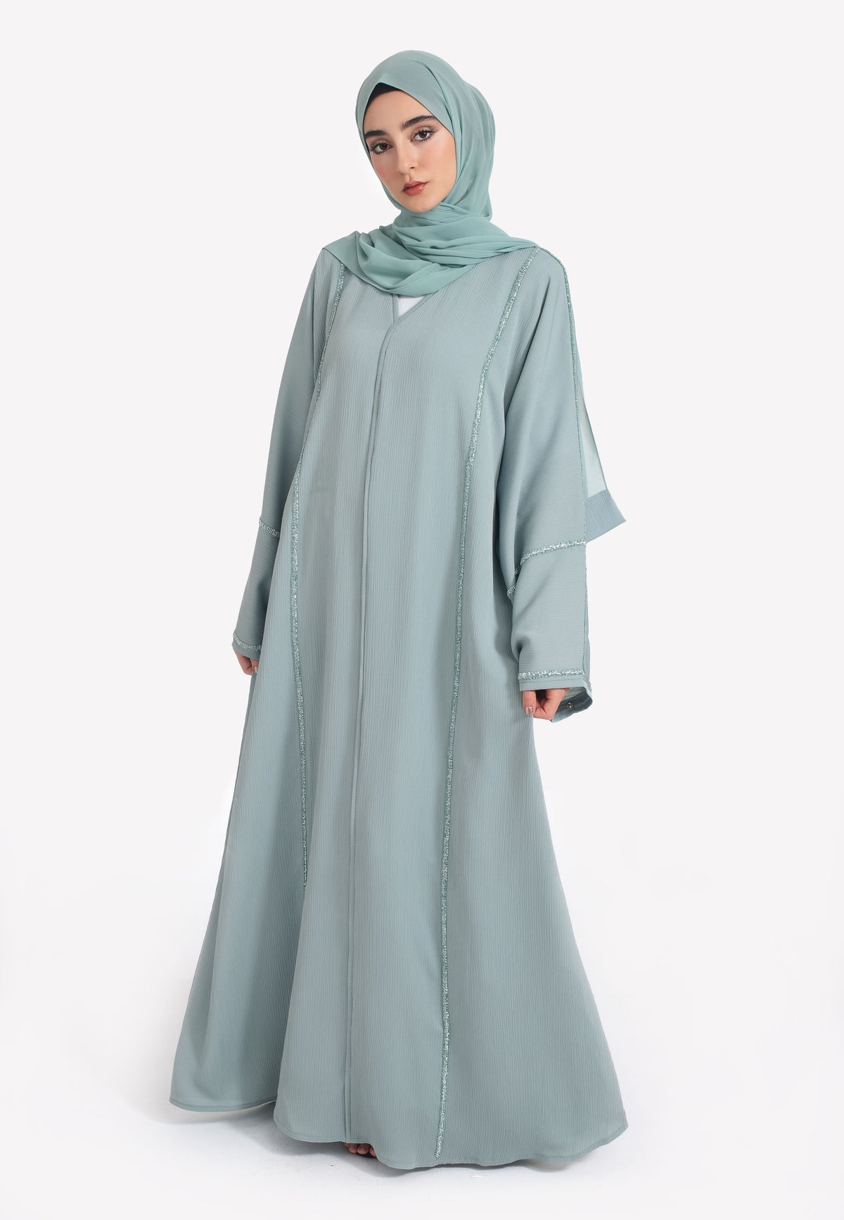 Front of Powder Green Closed Abaya