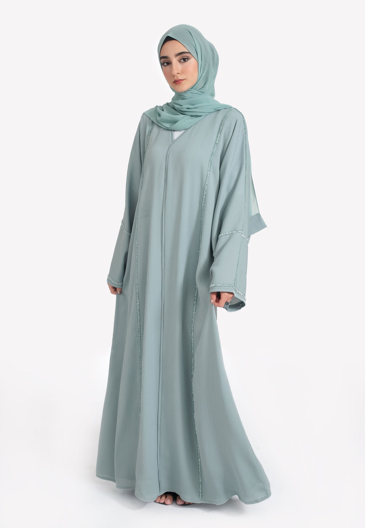 Front of Powder Green Closed Abaya