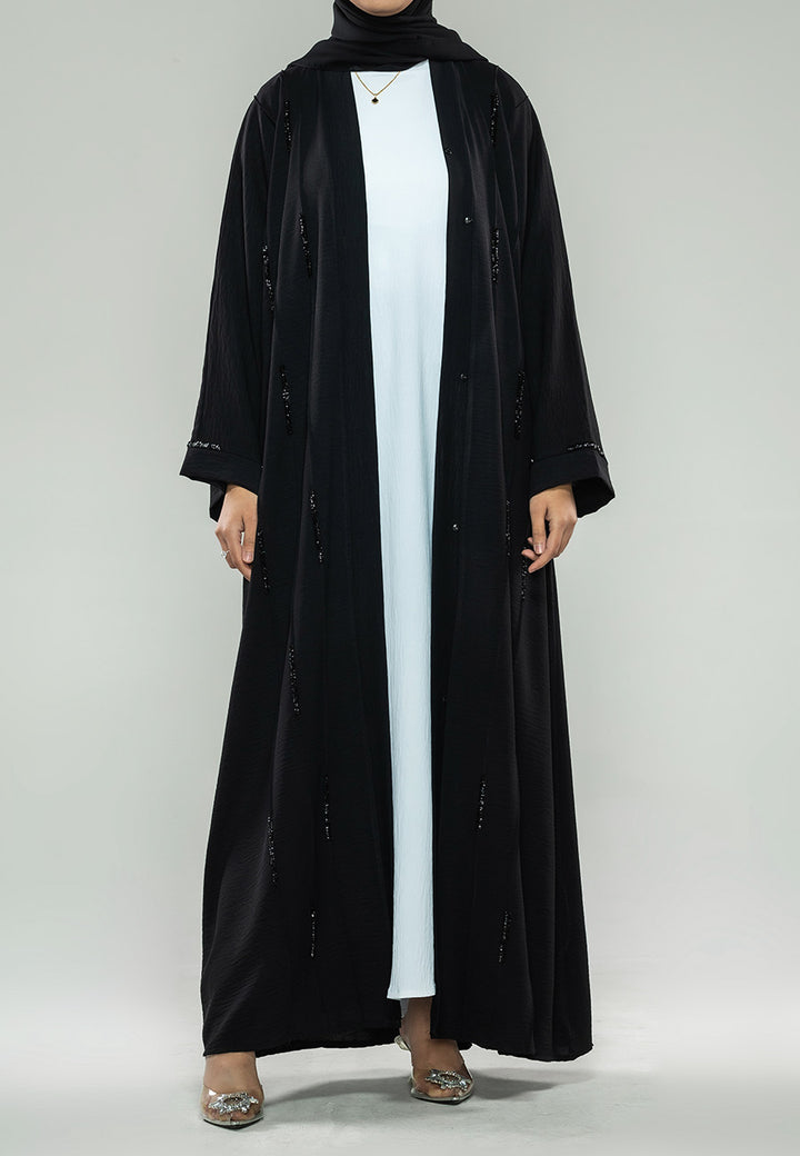 Premium Raven Black Crystal Embellished Open Abaya