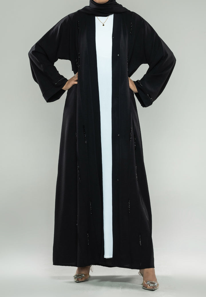 Premium Raven Black Crystal Embellished Open Abaya