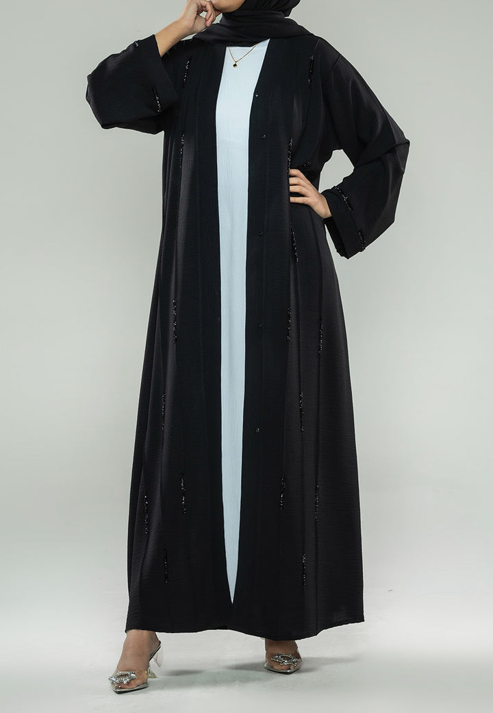 Premium Raven Black Crystal Embellished Open Abaya