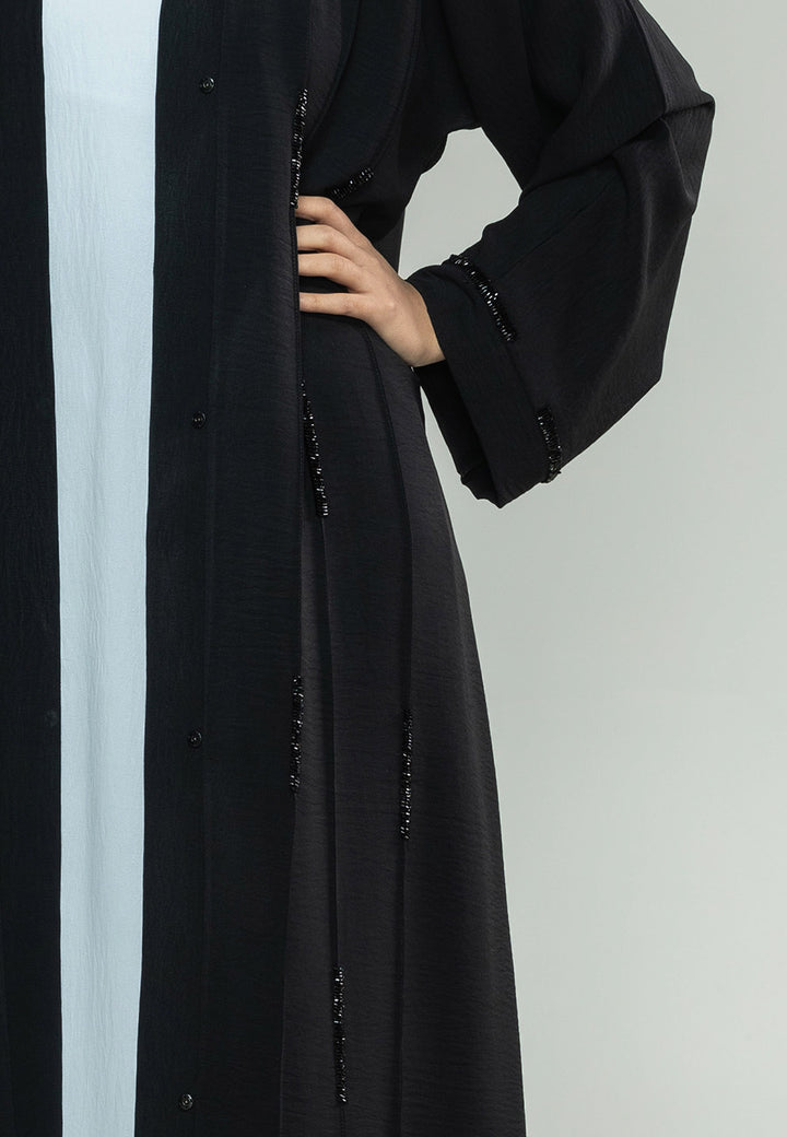 Premium Raven Black Crystal Embellished Open Abaya