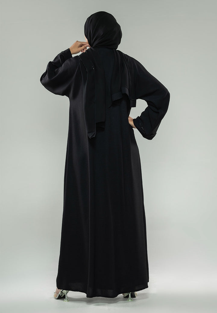 Premium Raven Black Crystal Embellished Open Abaya