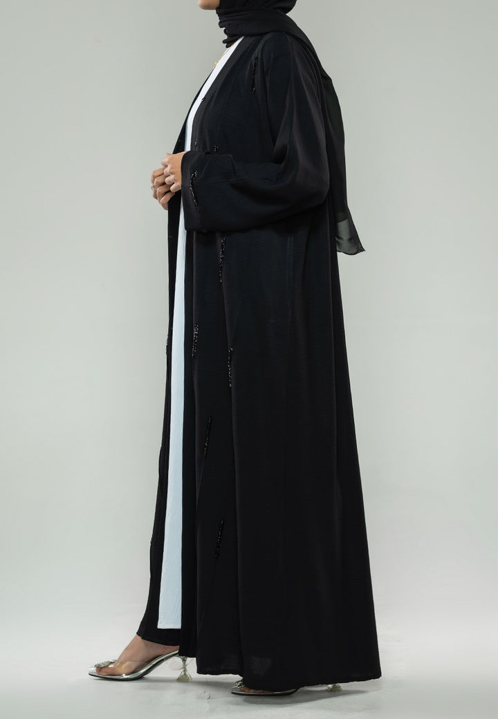 Premium Raven Black Crystal Embellished Open Abaya