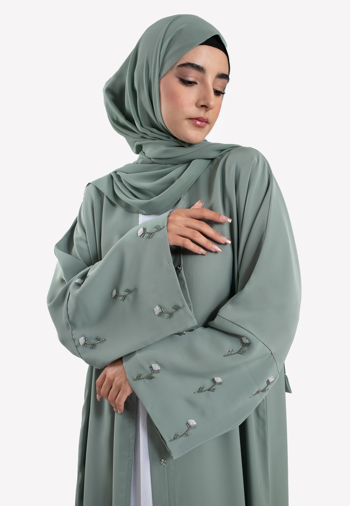 Dainty Rose Sage Open Abaya - Details