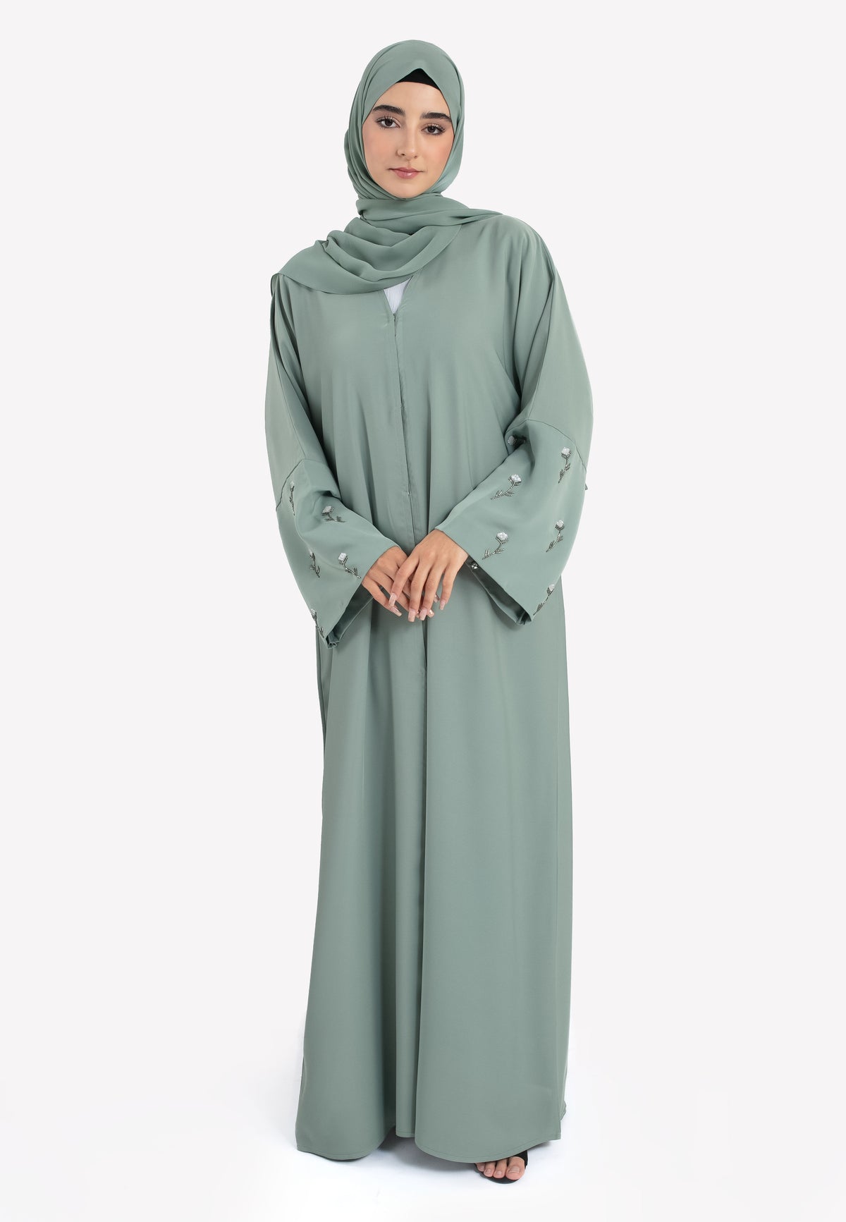 Dainty Rose Sage Open Abaya - Front Closed