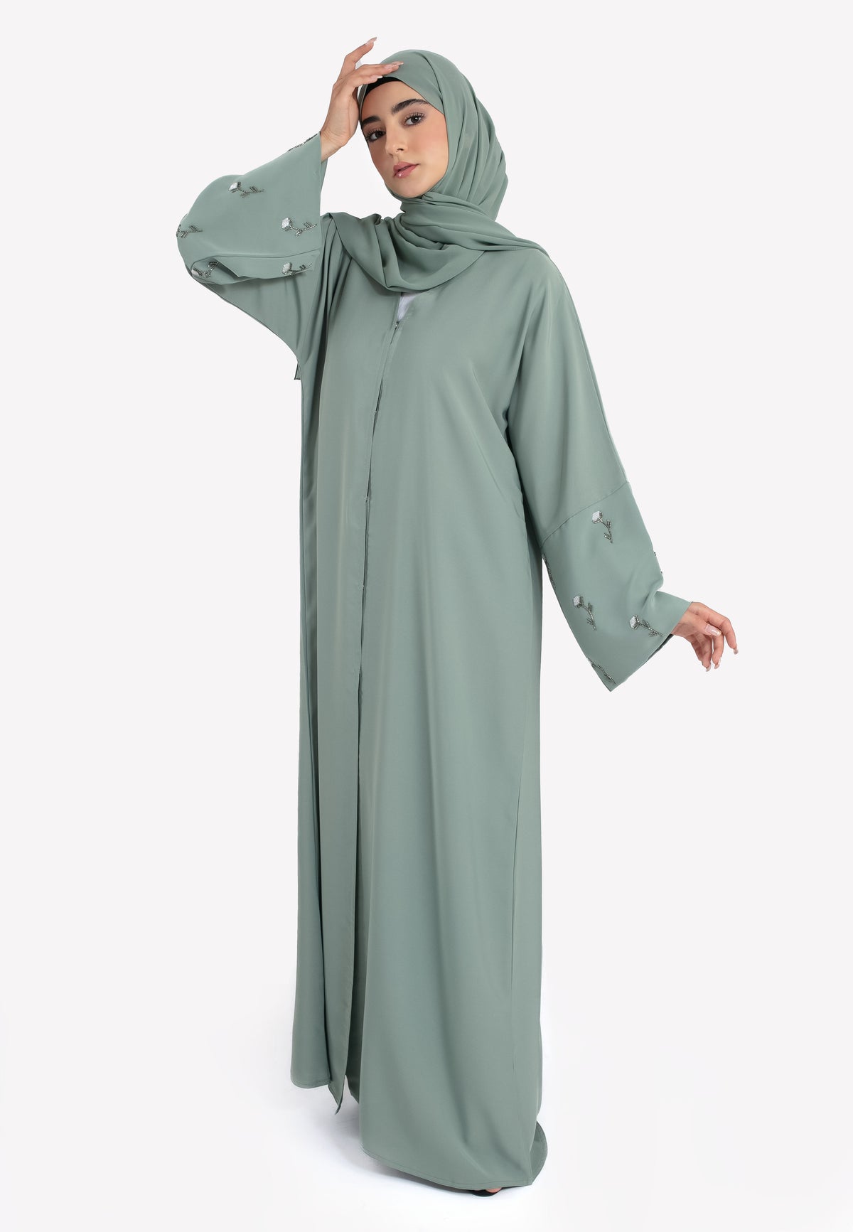 Dainty Rose Sage Open Abaya - Front