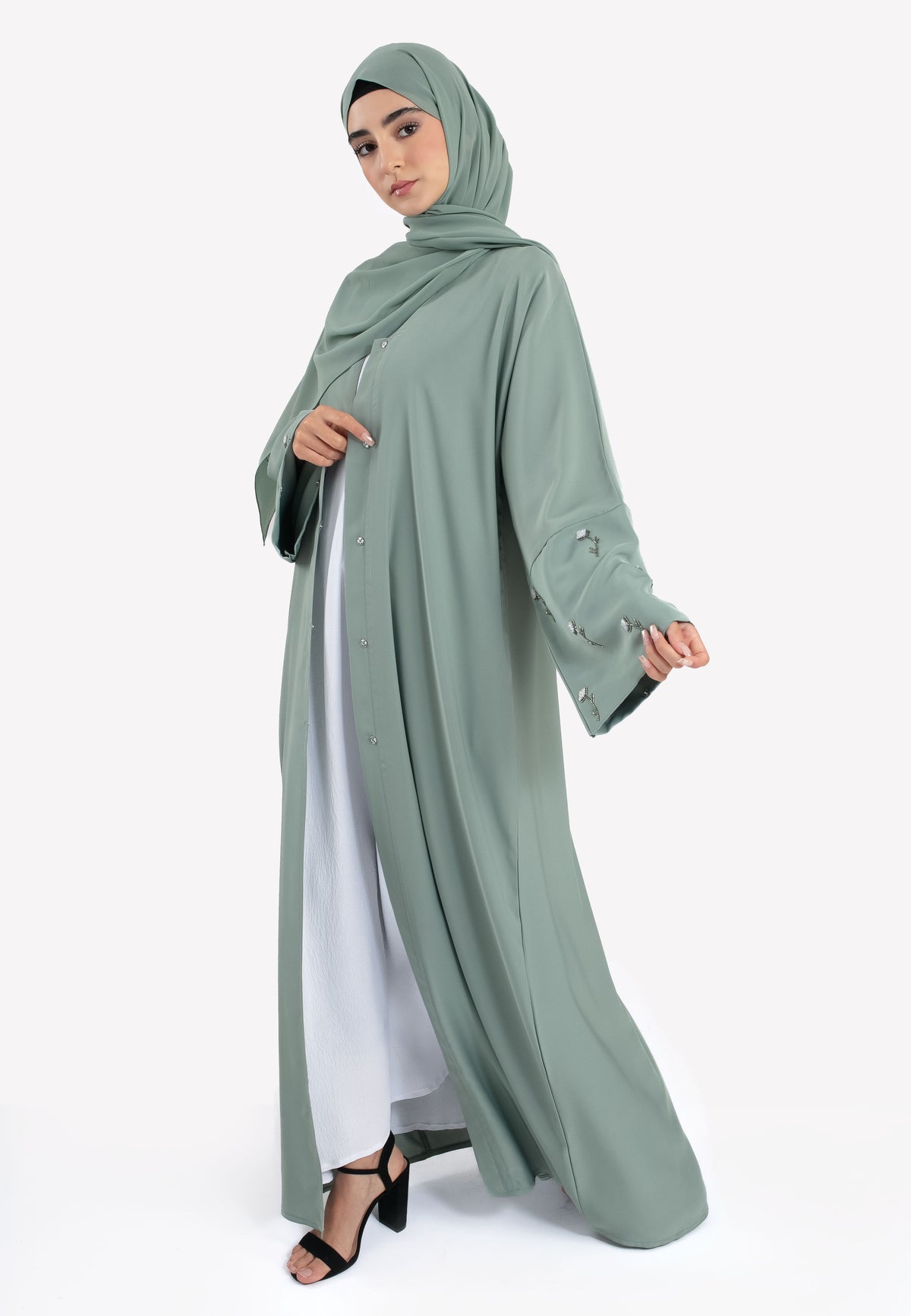 Dainty Rose Sage Open Abaya - Front