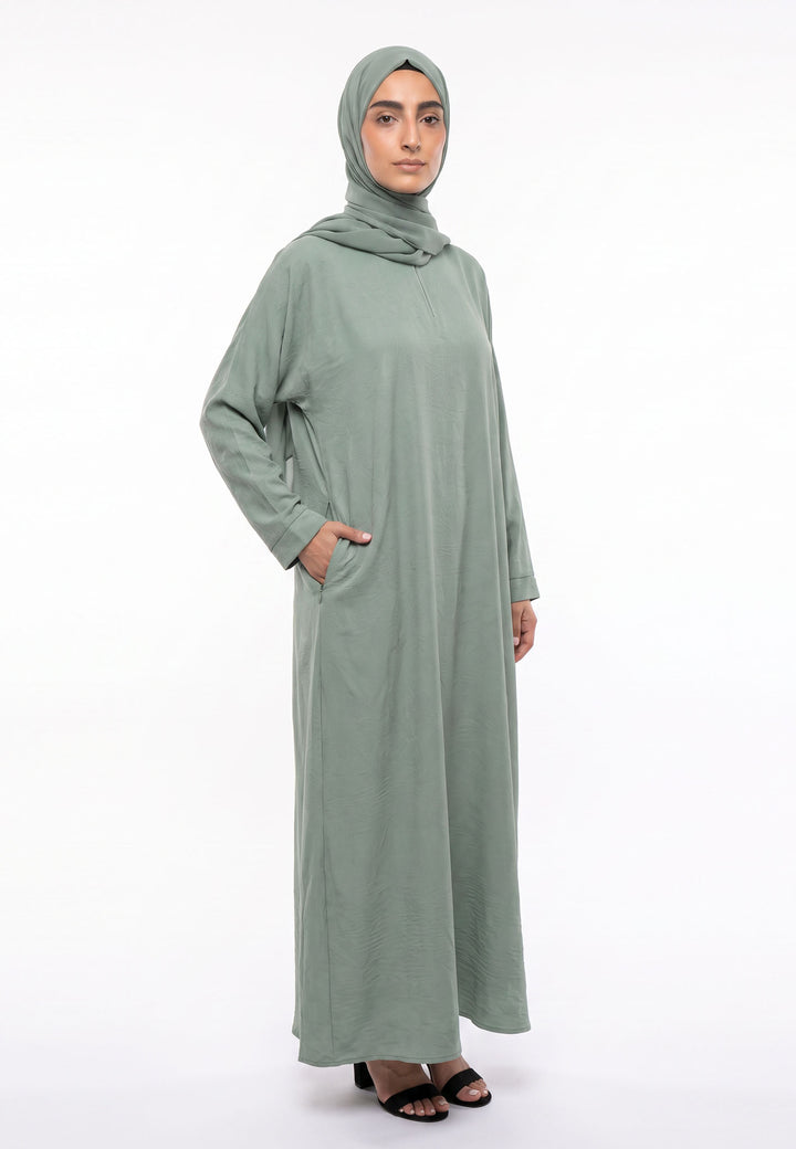 Luxury Sage Everyday Closed Abaya with Zip Pockets – Crepe