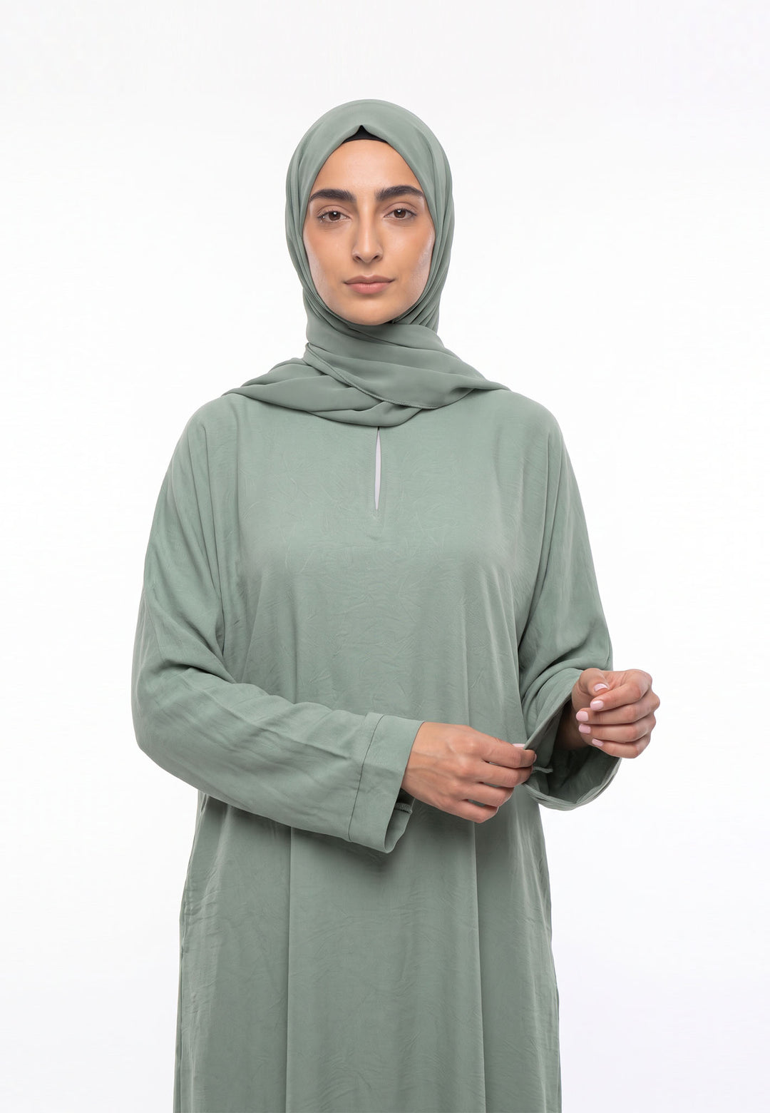 Luxury Sage Everyday Closed Abaya with Zip Pockets – Crepe