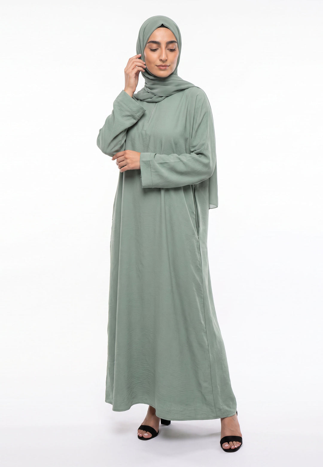 Luxury Sage Everyday Closed Abaya with Zip Pockets – Crepe