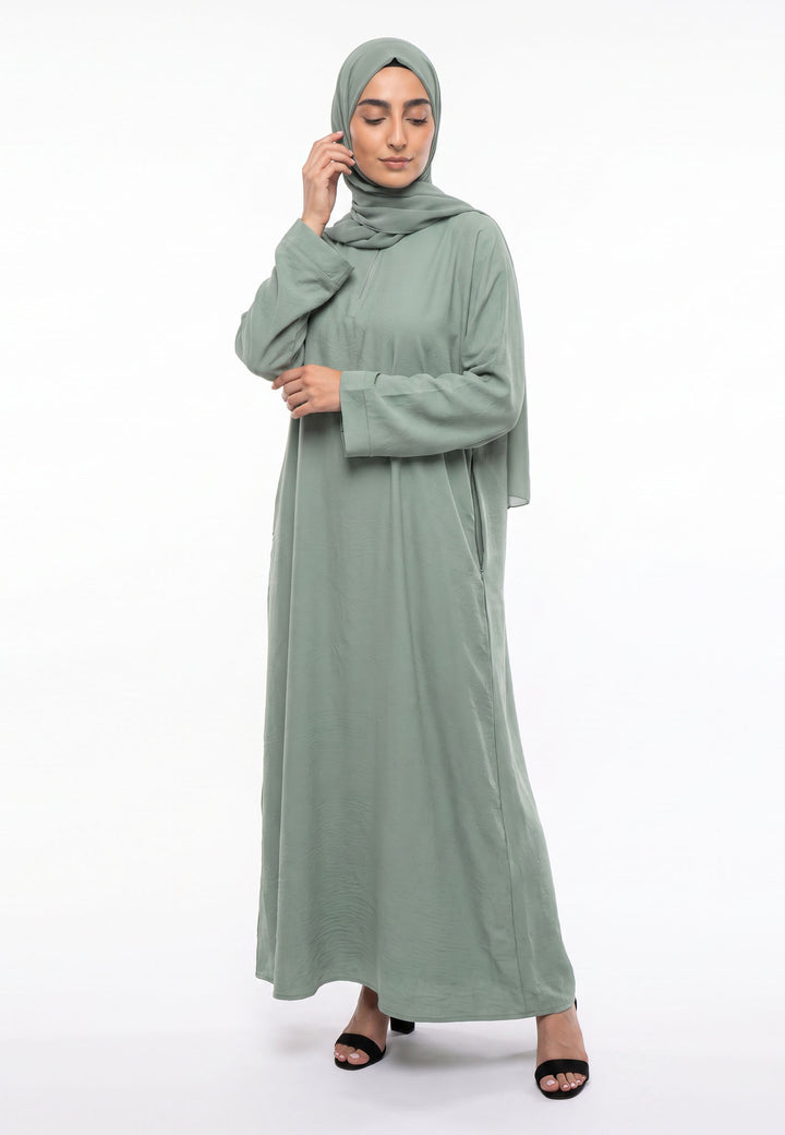 Luxury Sage Everyday Closed Abaya with Zip Pockets – Crepe