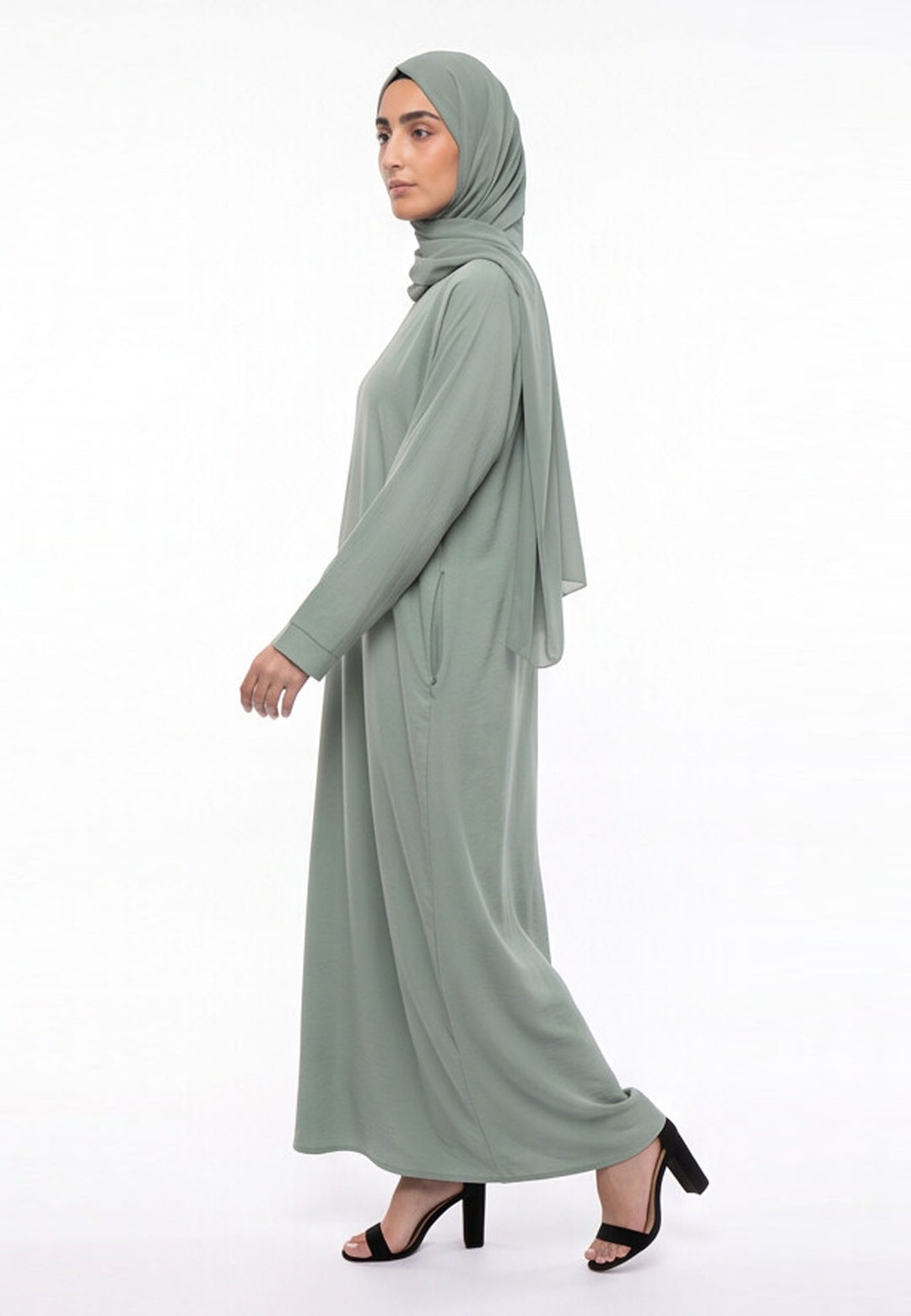 Luxury Sage Everyday Closed Abaya with Zip Pockets – Crepe