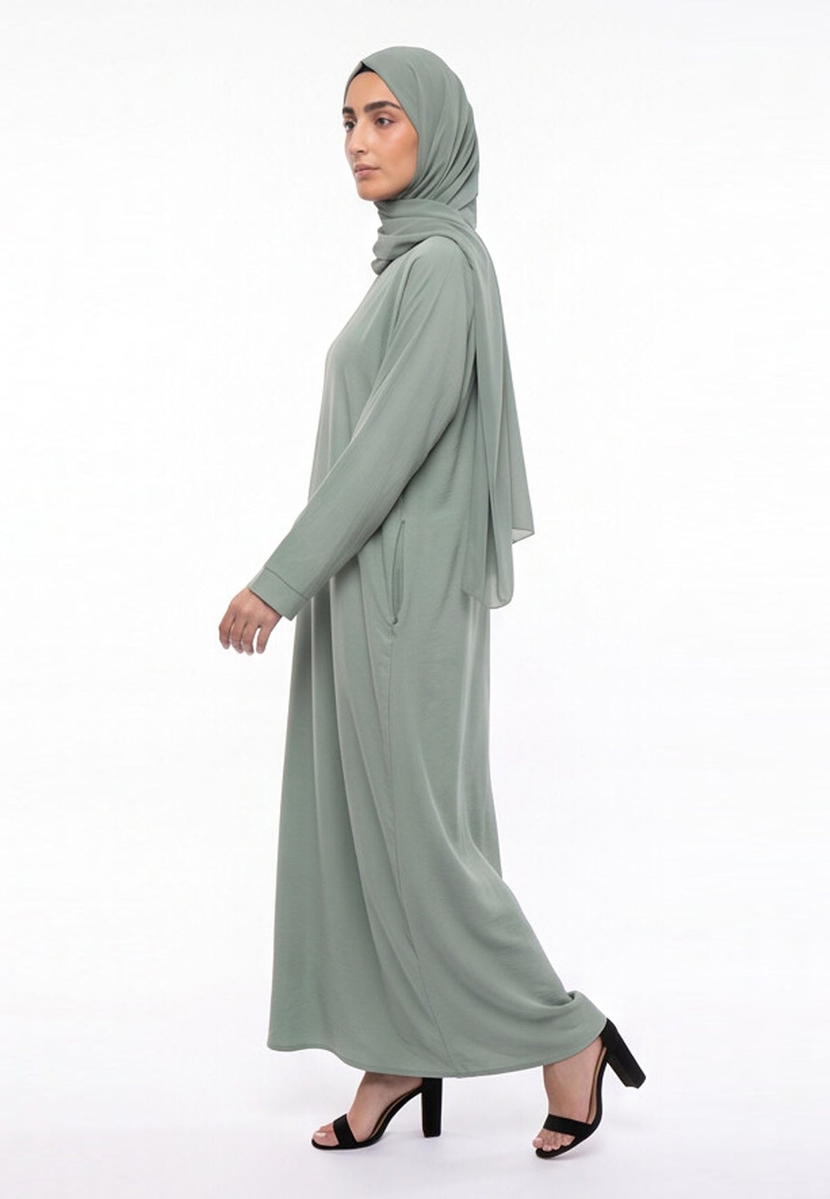 Luxury Sage Everyday Closed Abaya with Zip Pockets – Crepe