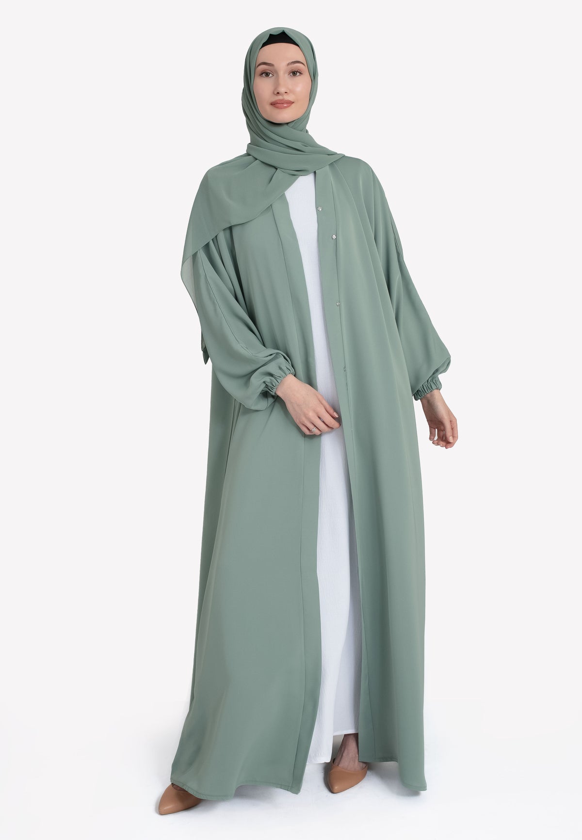 Sage Green Open Abaya - Cuffed Sleeves