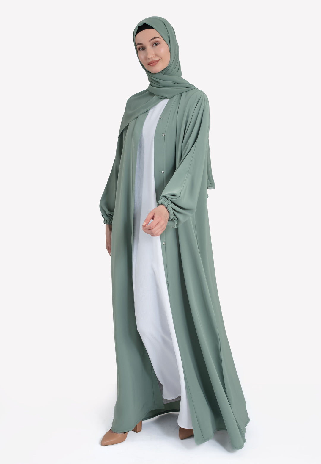 mint green abaya dress Mireya Open Abaya & Hijab Set 1048 Mint Green, XL