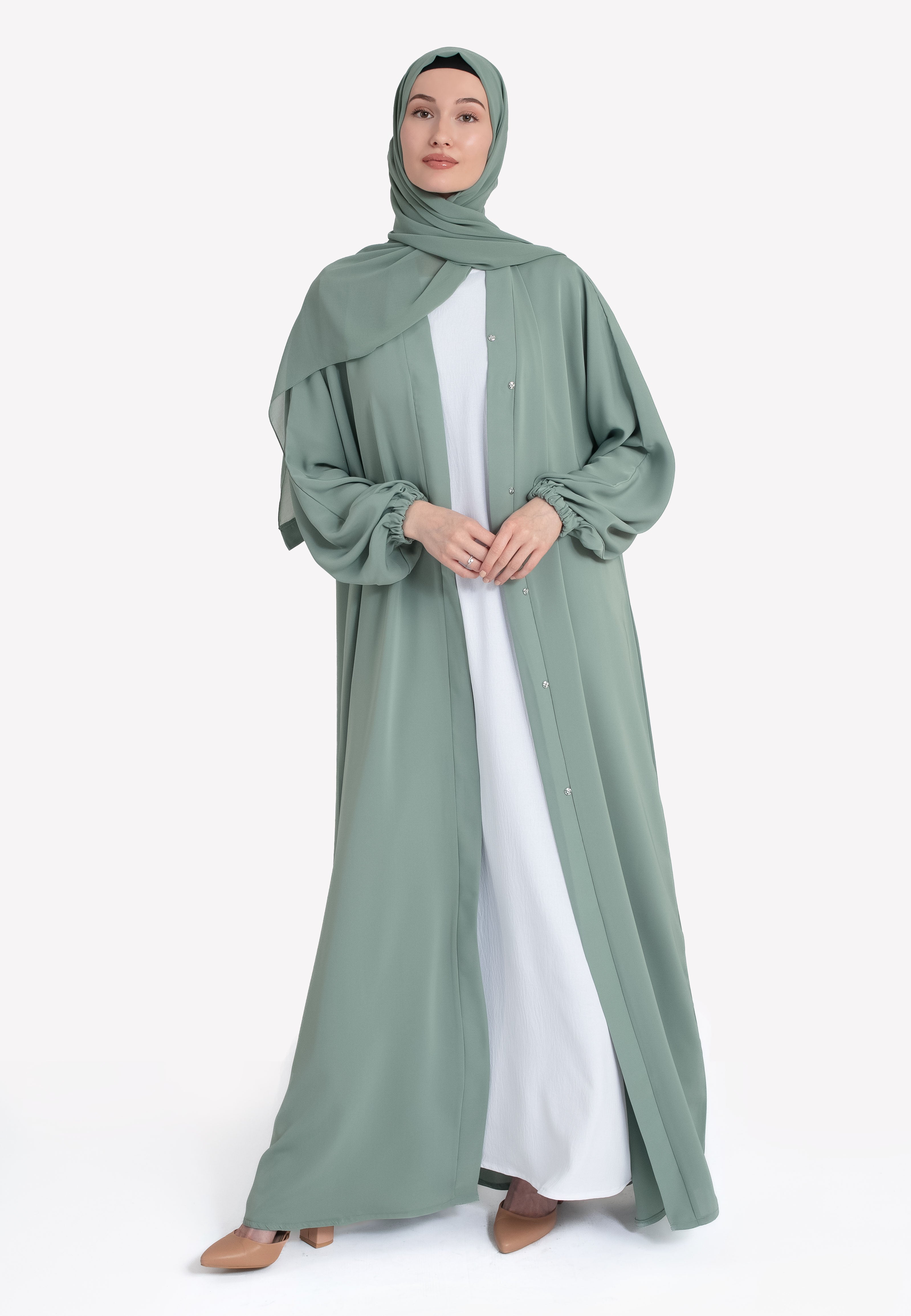 Mint Green Open Abaya With Cuff Sleeves | Abayas for Summer Online