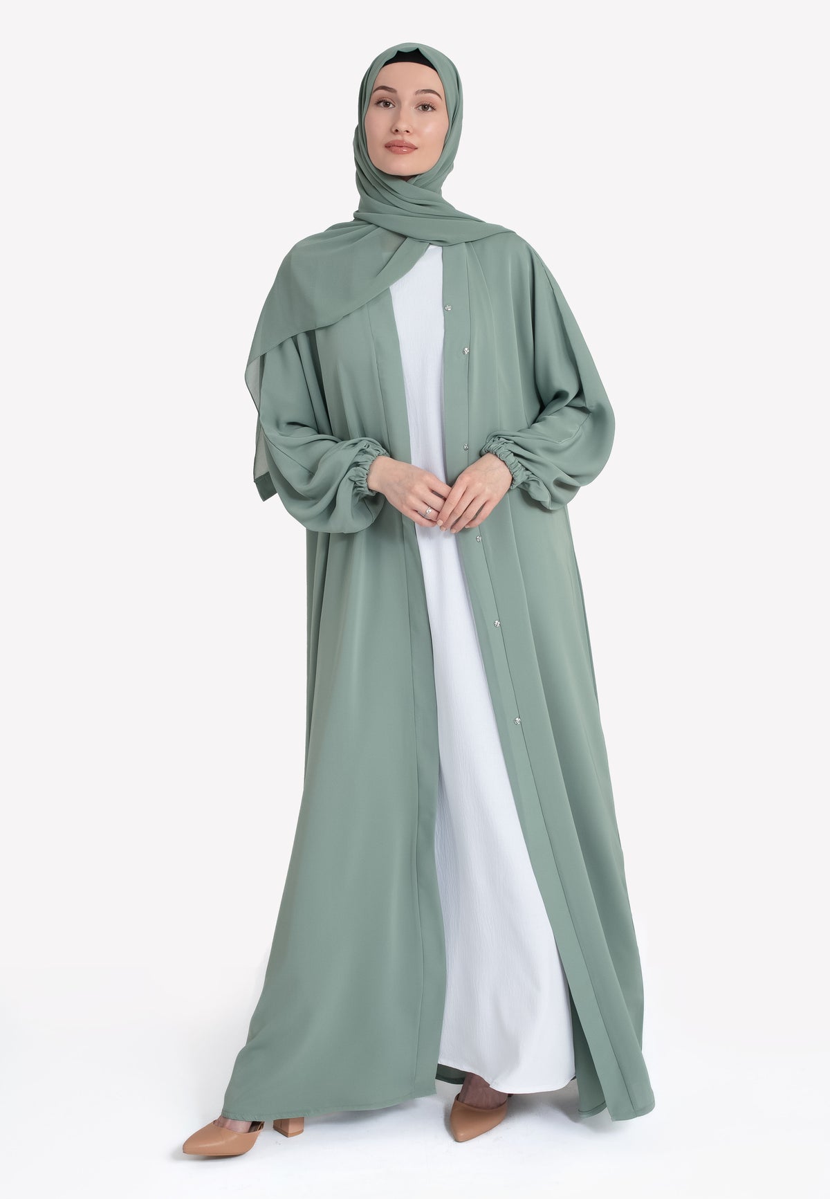 Sage Green Open Abaya - Cuffed Sleeves