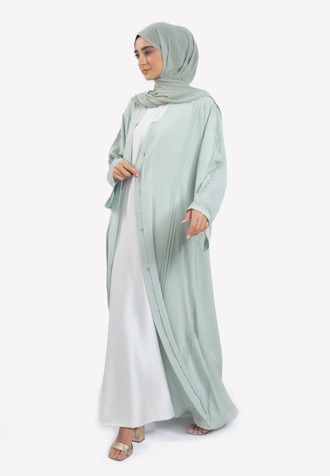 Vine Embroidery on Sleeves of Sage Abaya