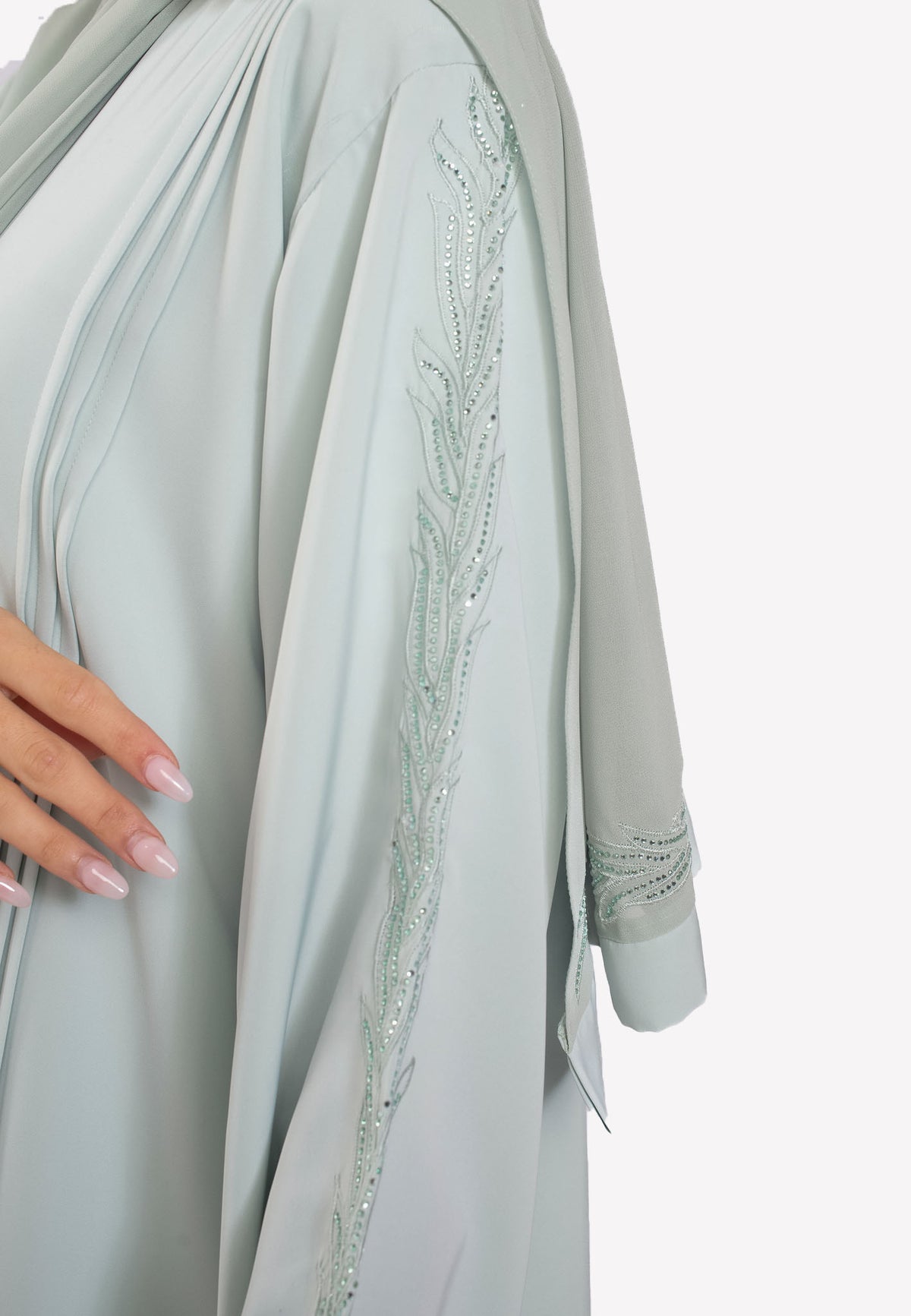 Vine Embroidery on Sleeves of Sage Abaya