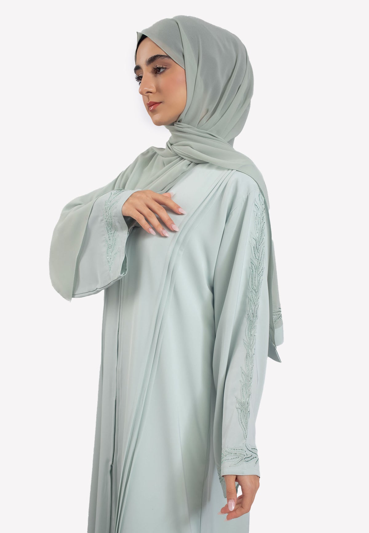 Sage Embroidered Open Abaya with Pleats