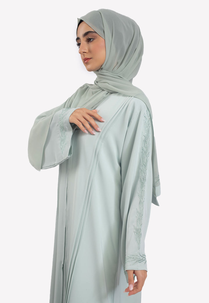 Sage Embroidered Open Abaya with Pleats