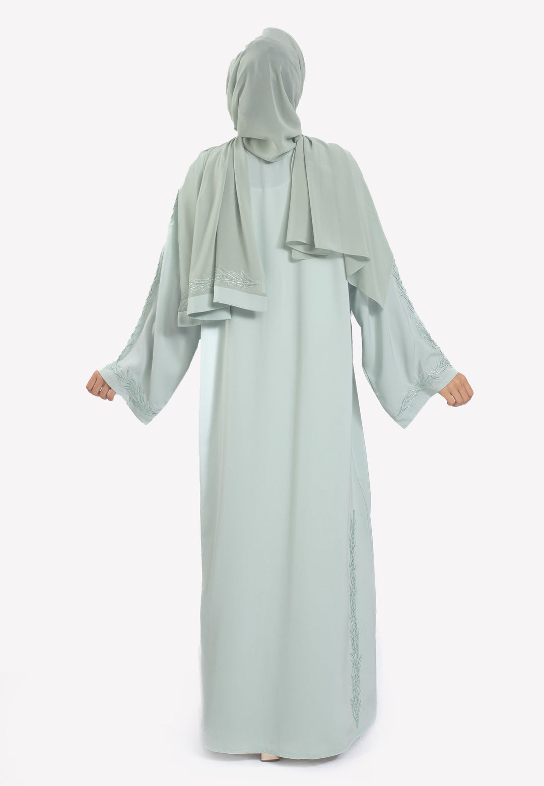 Sage Embroidered Open Abaya with Pleats