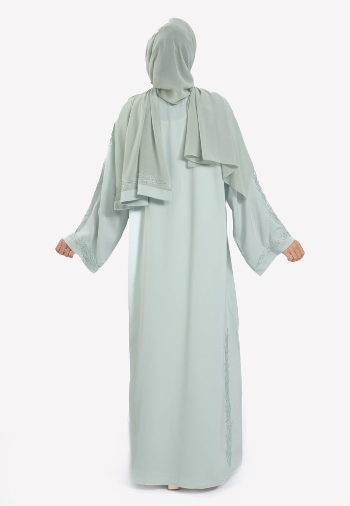 Sage Embroidered Open Abaya with Pleats