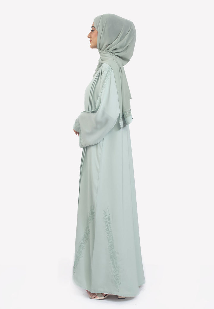 Sage Embroidered Open Abaya with Pleats