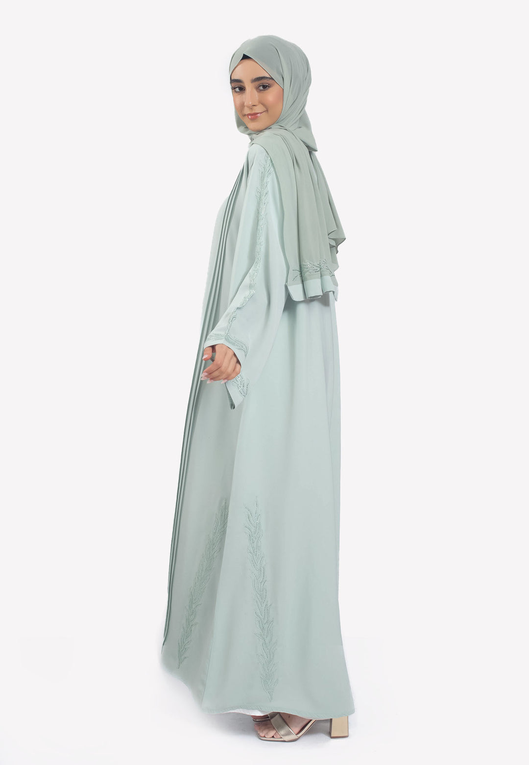 Sage Embroidered Open Abaya with Pleats