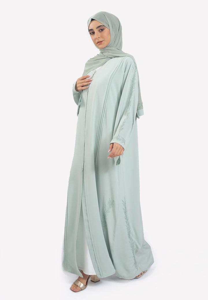 Sage Embroidered Open Abaya with Pleats