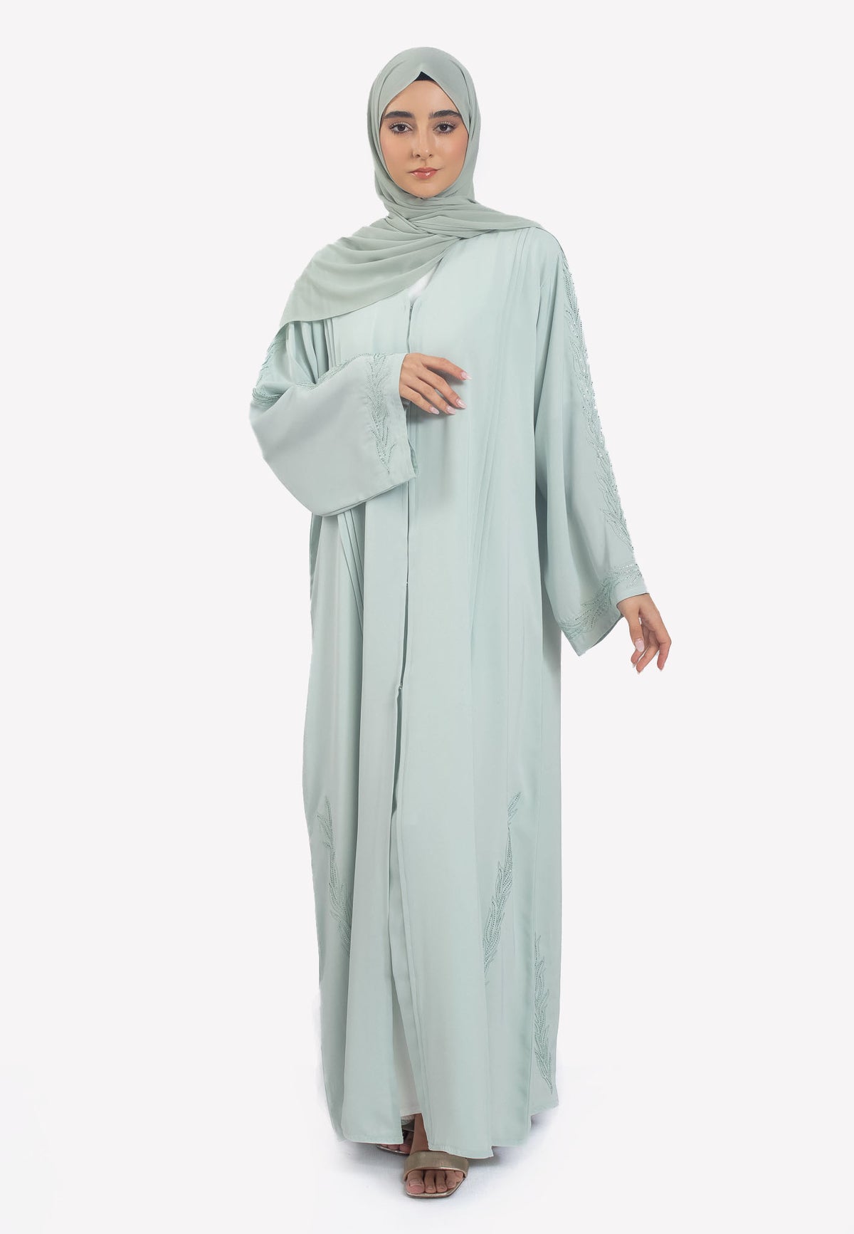 Sage Embroidered Open Abaya with Pleats