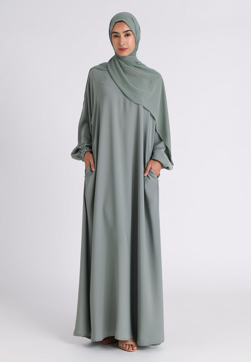 Sage Green Closed Abaya with Zip Pockets & Cuff Sleeves (Premium)