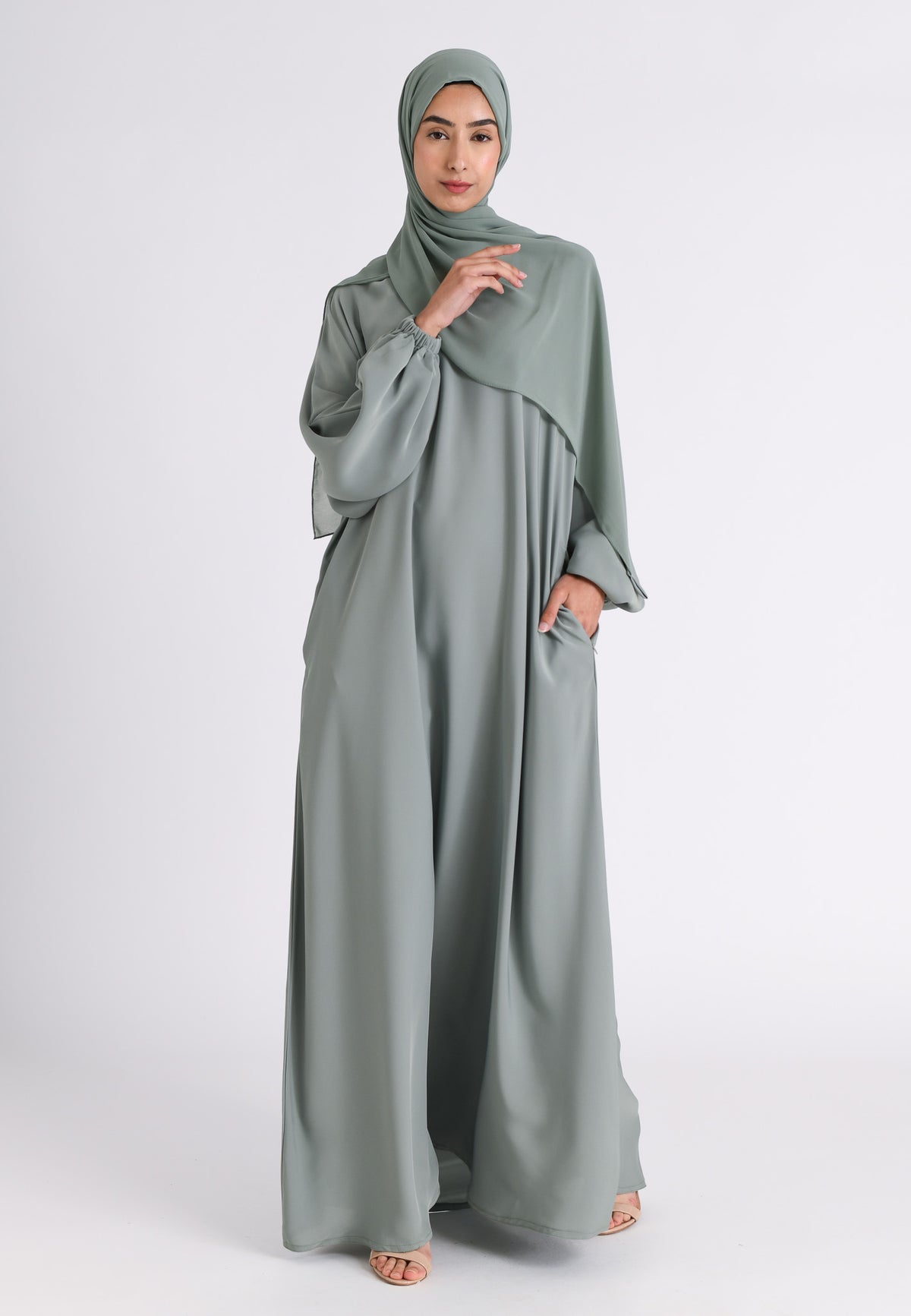 Sage Green Closed Abaya with Zip Pockets