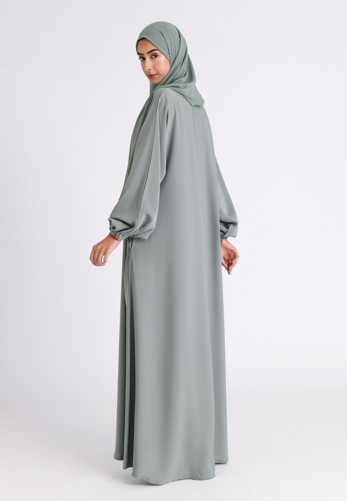 Sage Green Closed Abaya with Zip Pockets