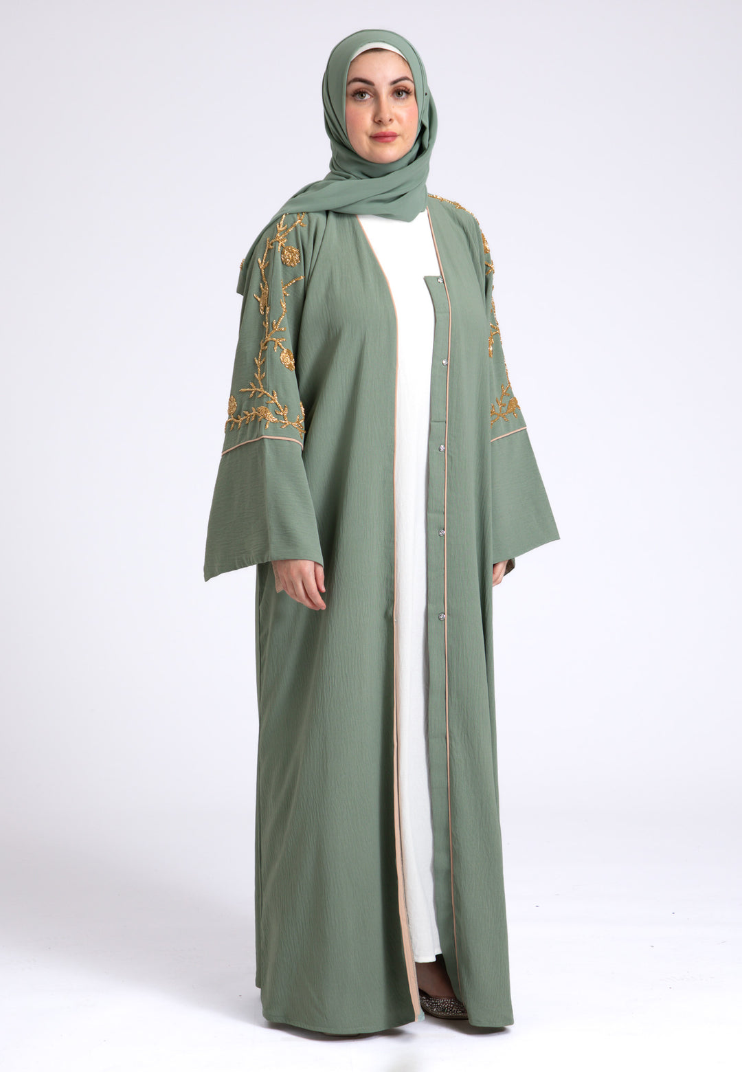 Luxury Sage Green Embellished Open Abaya (Premium)