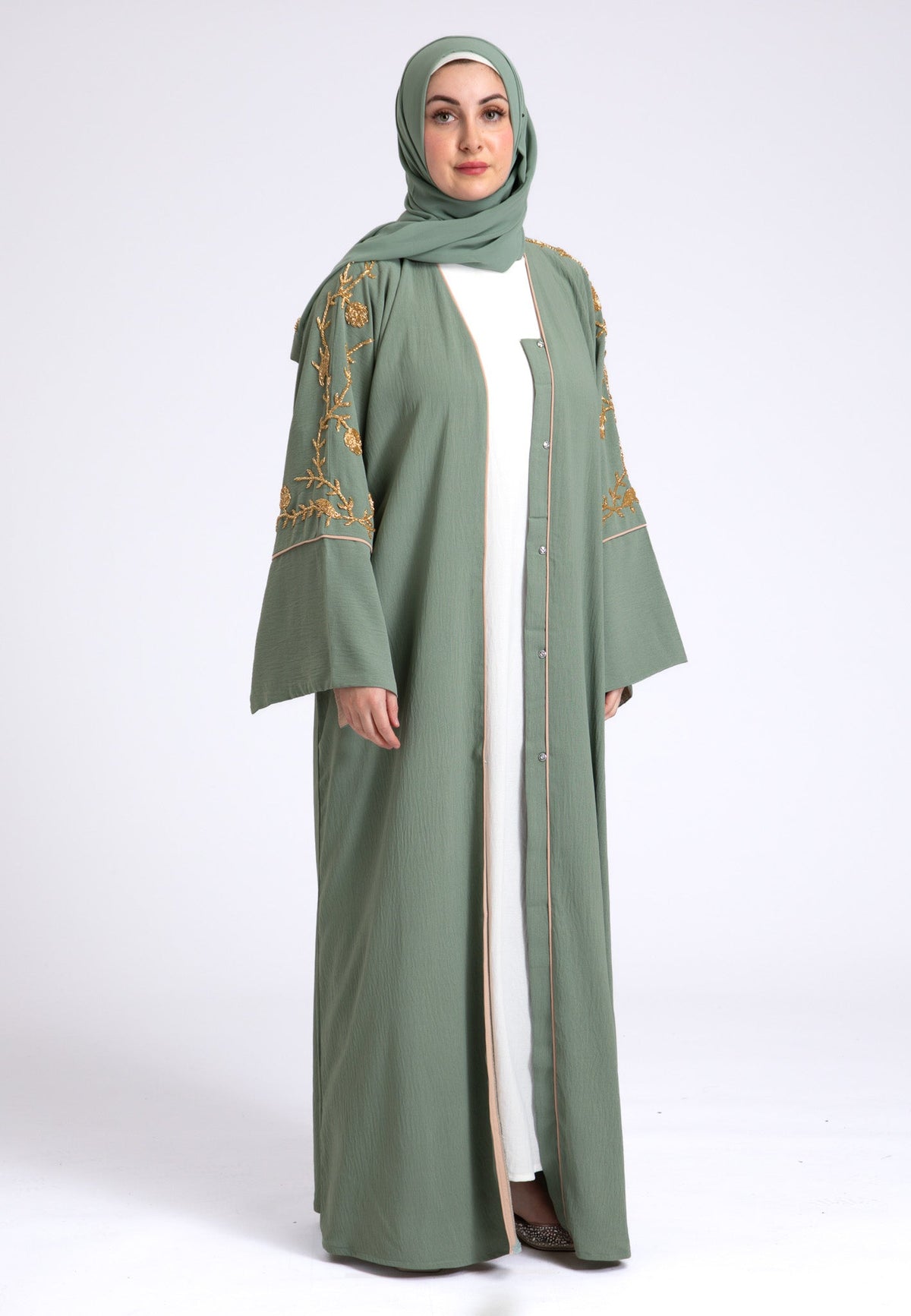 Luxury Sage Green Embellished Open Abaya (Premium) Hayah Al-Muslimah