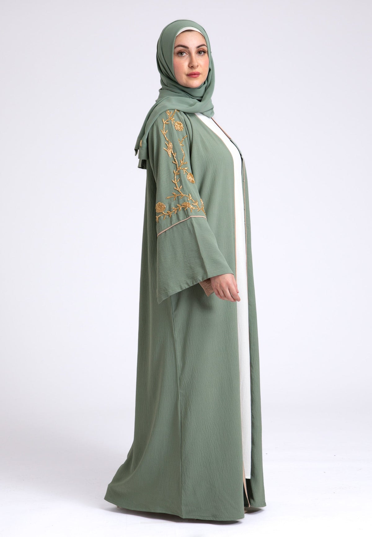 Luxury Sage Green Embellished Open Abaya (Premium) Hayah Al-Muslimah
