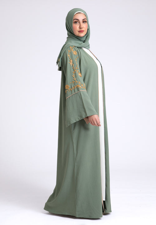Luxury Sage Green Embellished Open Abaya (Premium)