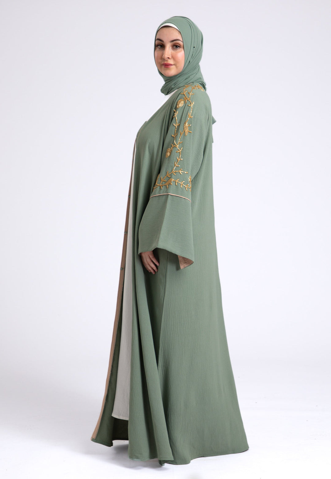 Luxury Sage Green Embellished Open Abaya For Ramadan & Eid Hayah Al-Muslimah Luxury Sage Green Embellished Open Abaya For Ramadan & Eid Hayah Al-Muslimah