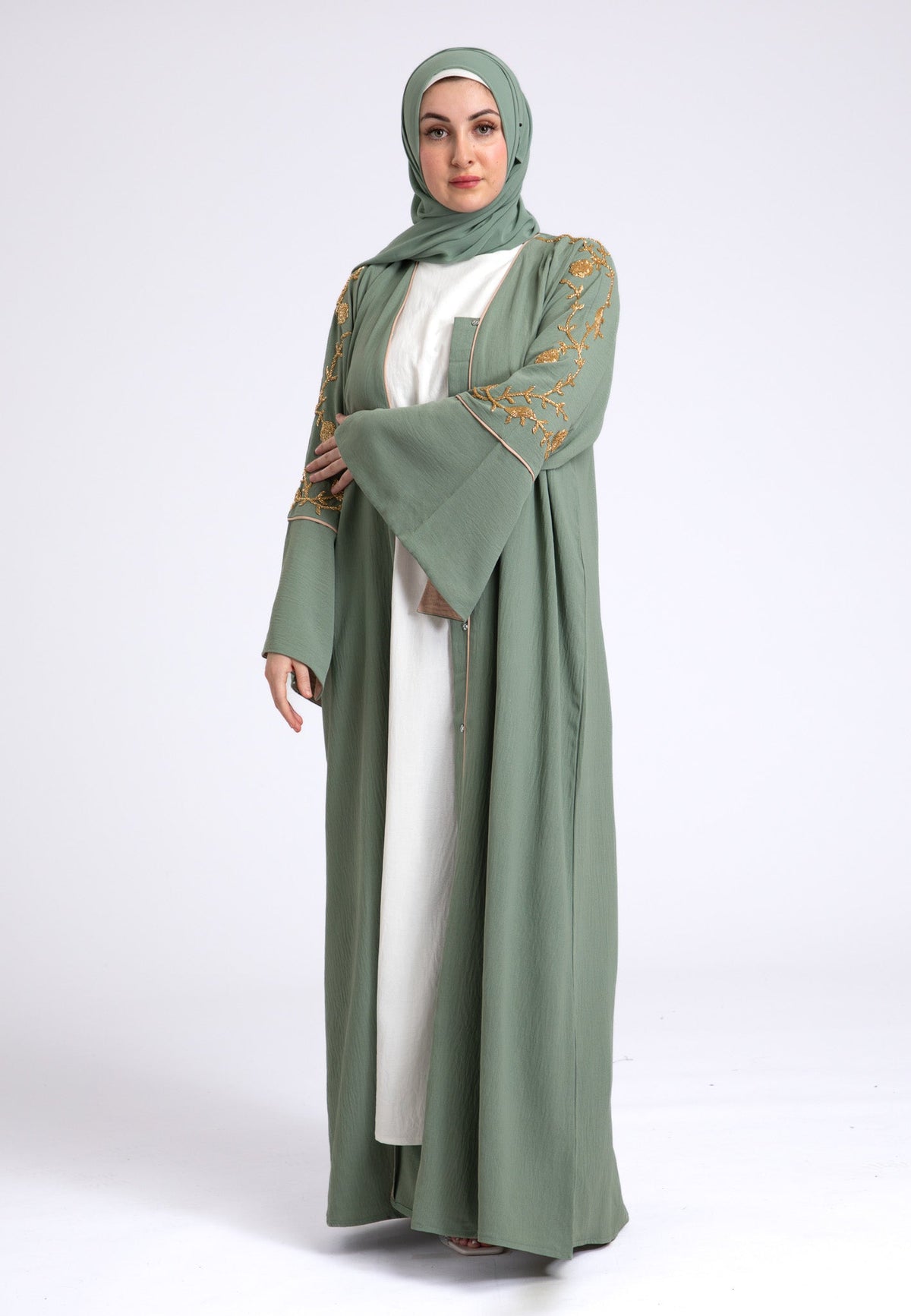 Luxury Sage Green Embellished Open Abaya (Premium) Hayah Al-Muslimah