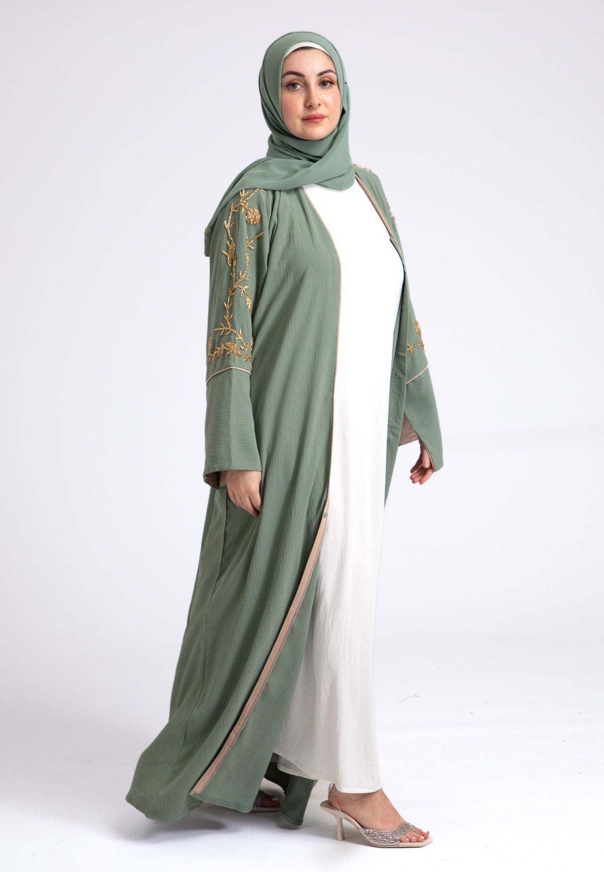 Luxury Sage Green Embellished Open Abaya (Premium) Hayah Al-Muslimah