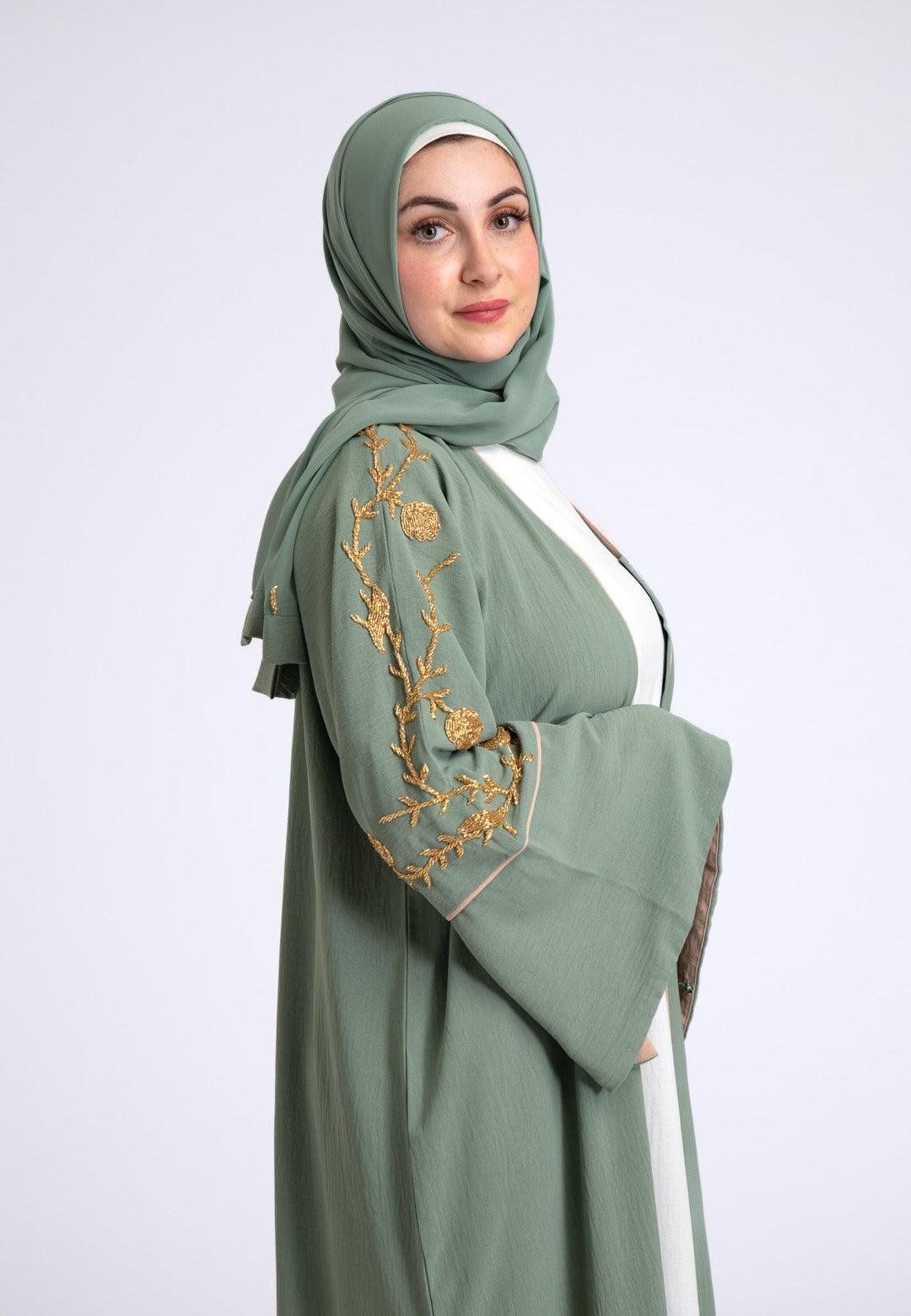 Luxury Sage Green Embellished Open Abaya For Ramadan & Eid Hayah Al-Muslimah Luxury Sage Green Embellished Open Abaya For Ramadan & Eid Hayah Al-Muslimah