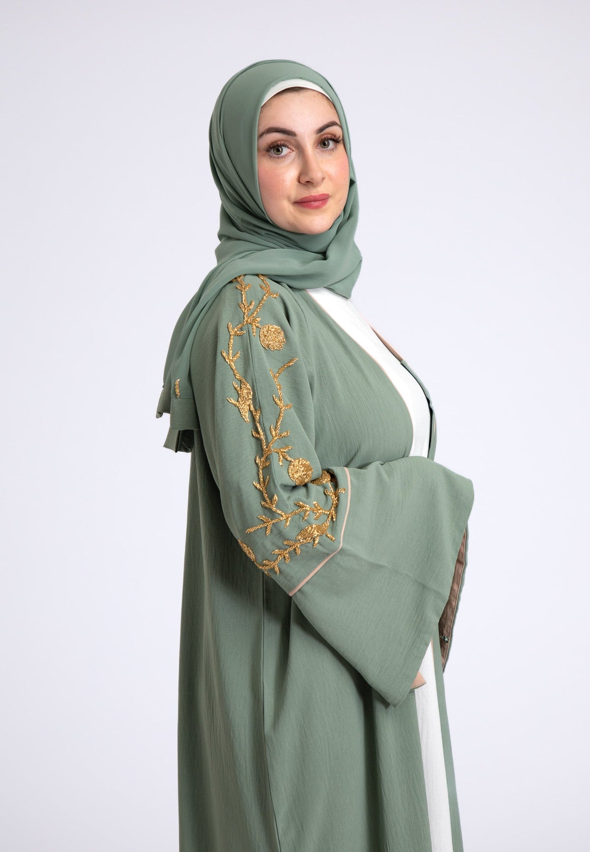 Luxury Sage Green Embellished Open Abaya (Premium) Hayah Al-Muslimah