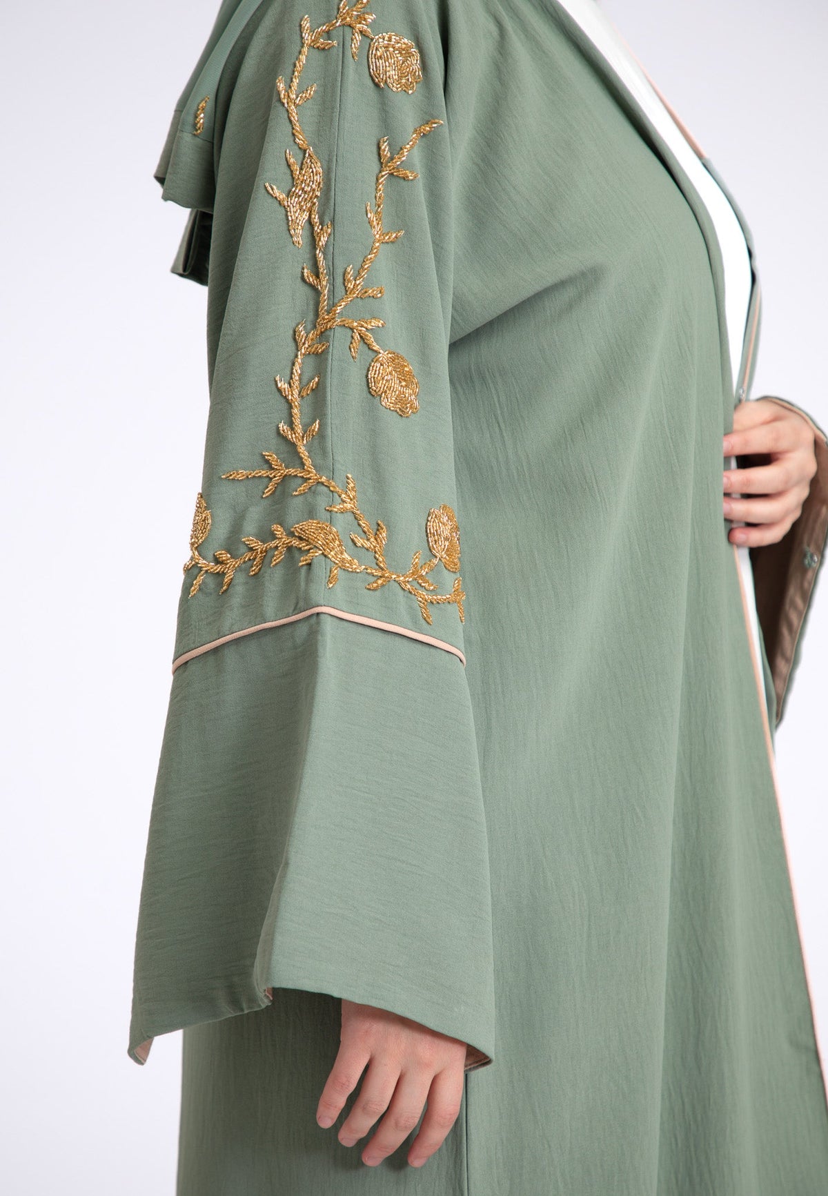 Luxury Sage Green Embellished Open Abaya (Premium) Hayah Al-Muslimah