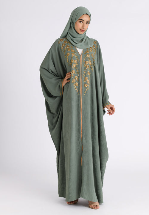 Premium Luxury Sage Green Embellished Open Farasha Abaya