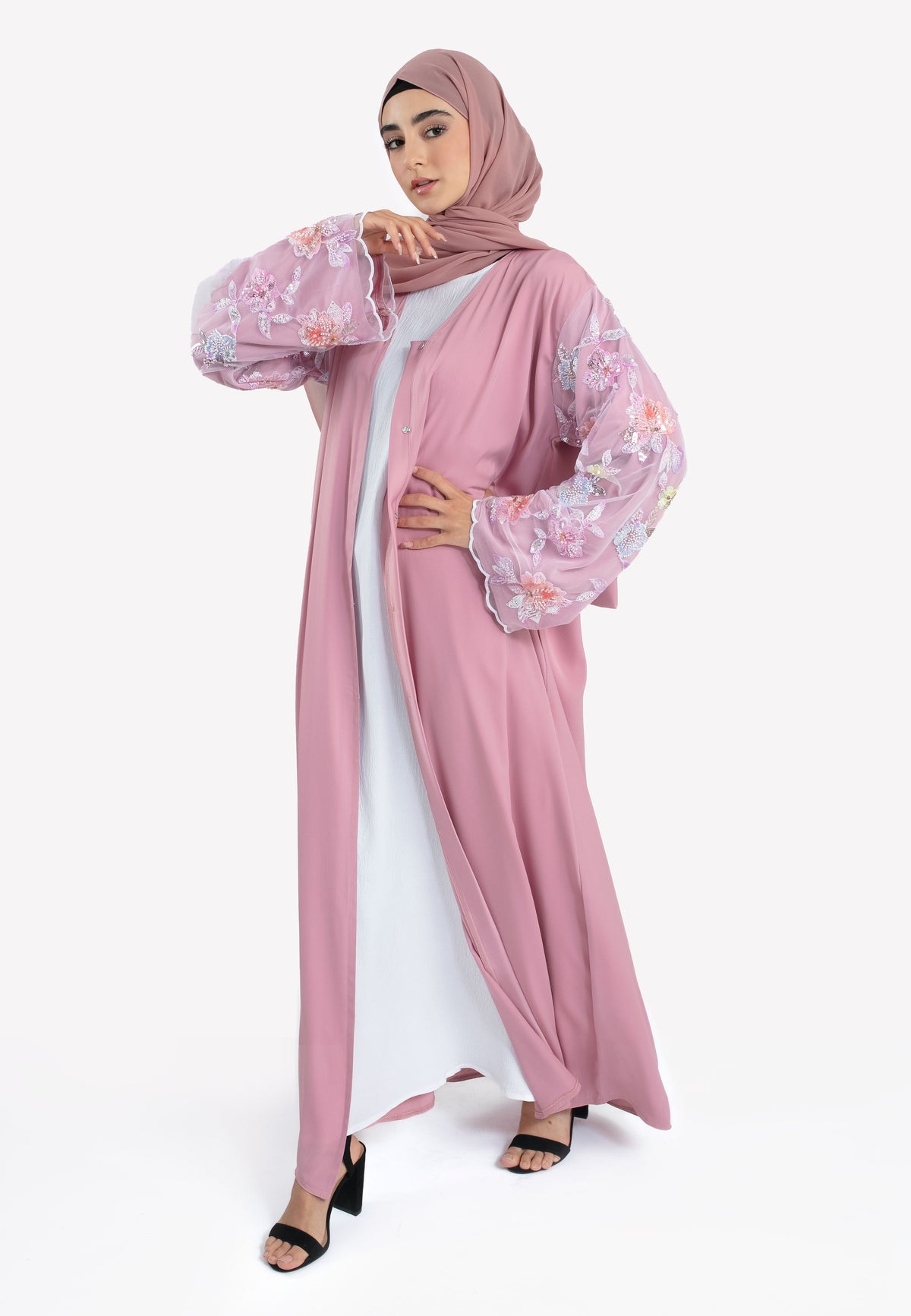 Pink Floral Satin Open Abaya - Front