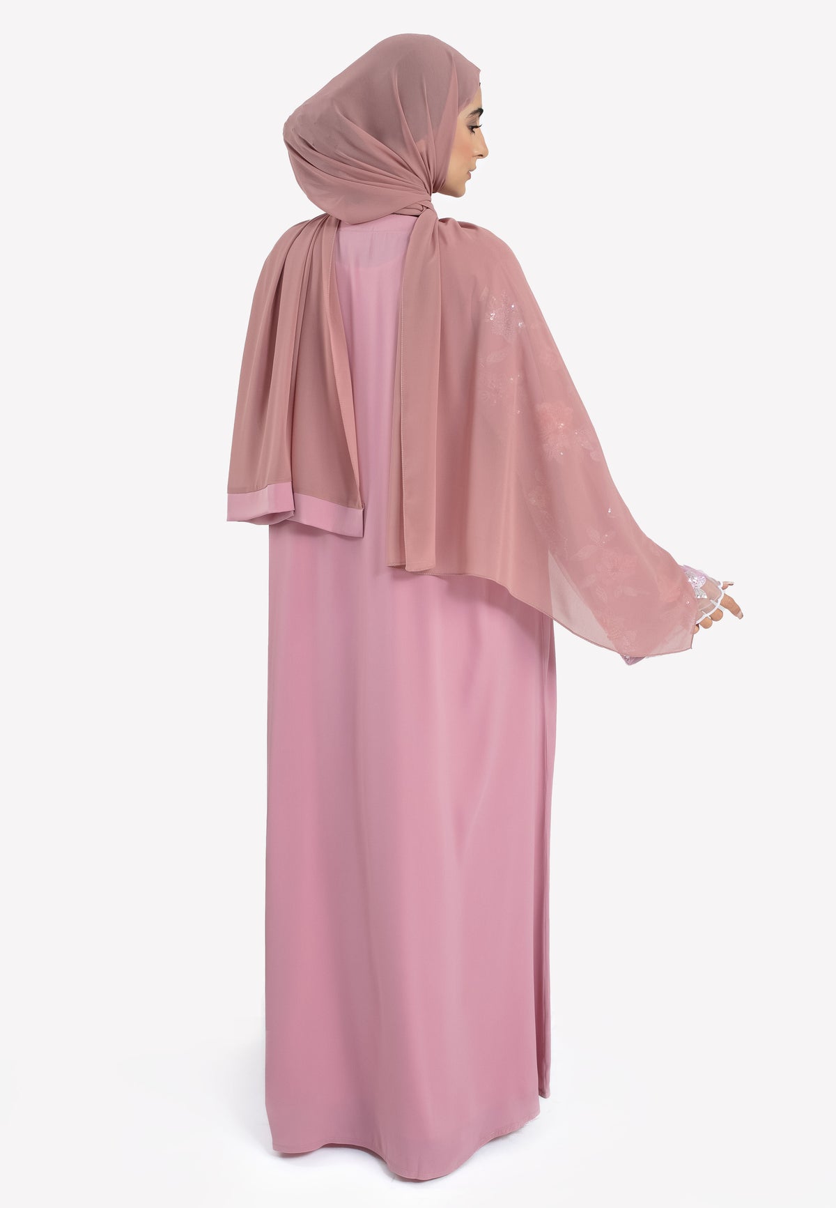 Pink Floral Satin Open Abaya - Back