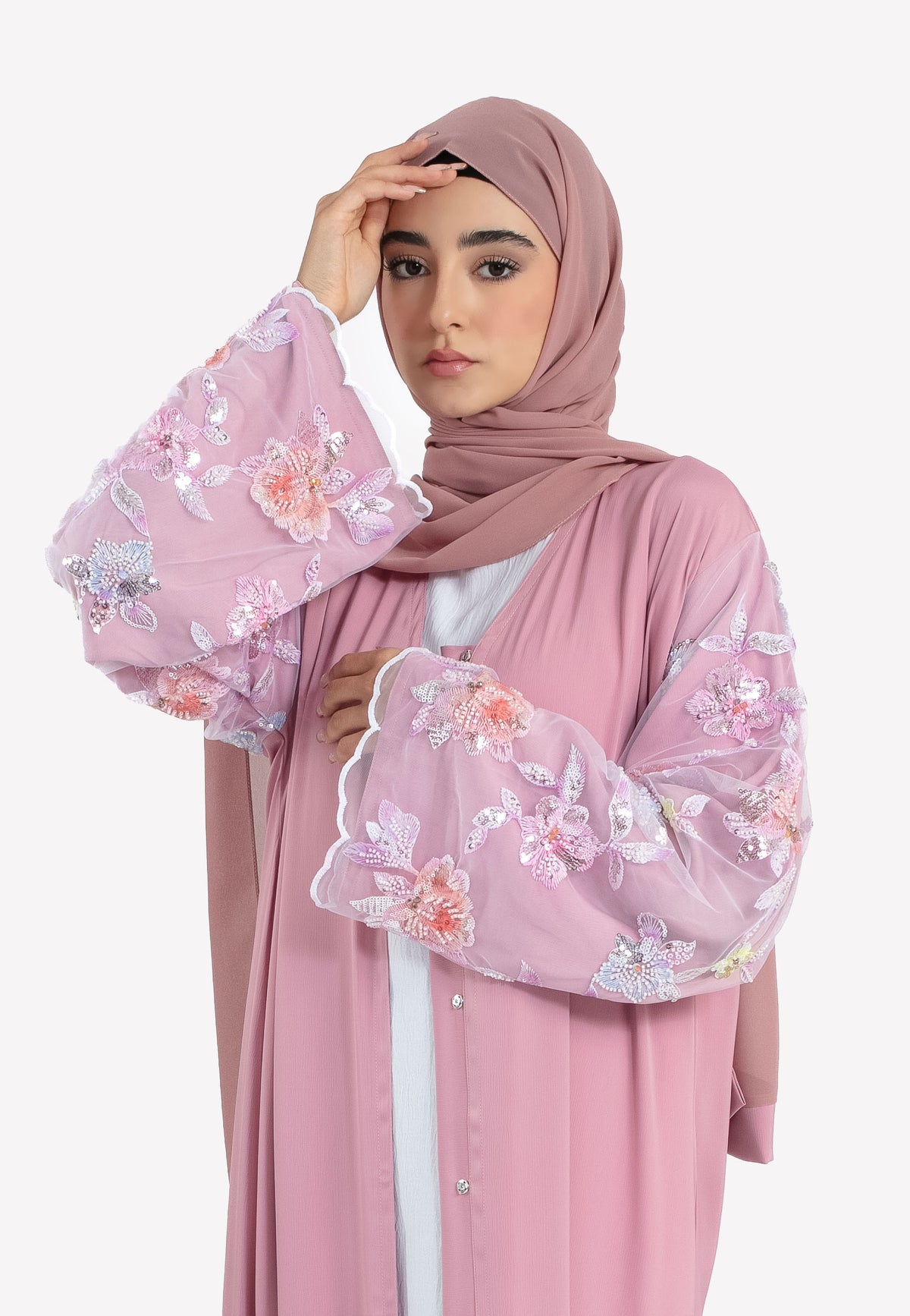Pink Floral Satin Open Abaya - Detail