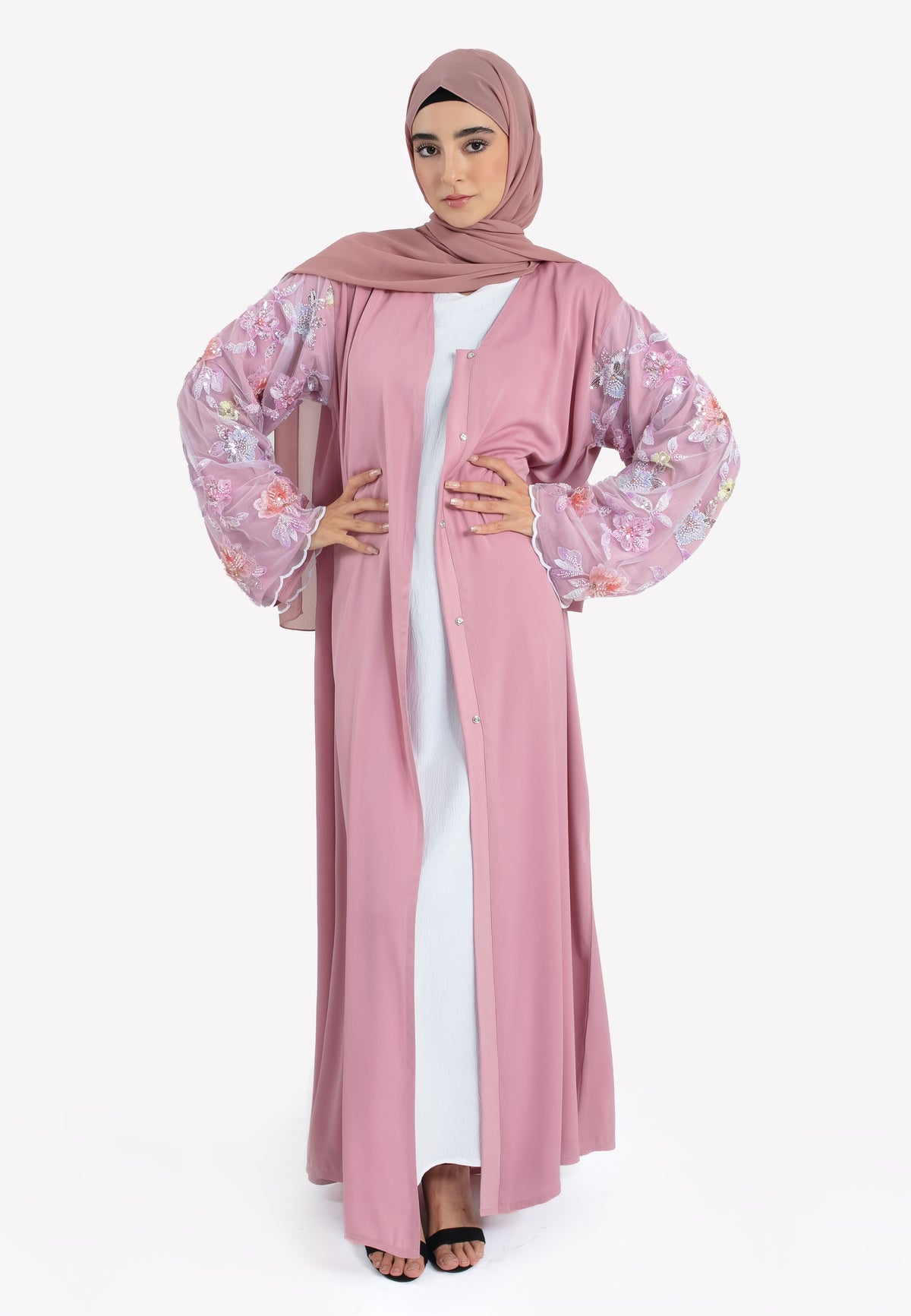 Pink Floral Satin Open Abaya - Front